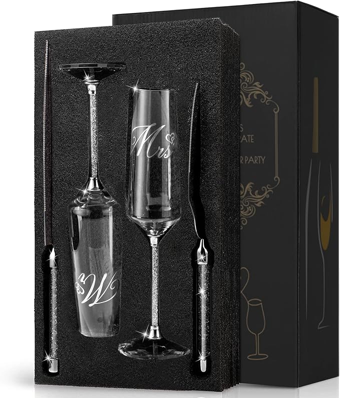Wedding Cake Knife and Server Set, Mr and Champagne Flutes with Wedding Cake Cutting Set for Bride and Groom Toasting (Clear)