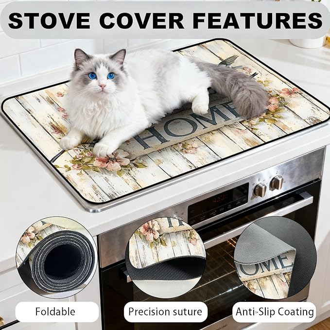 Stove Top Cover for Electric Stove, Vintage Farmhouse Style Glass Cooktop Protector, Multi-functional Kitchen Counter & Washer Top Cover