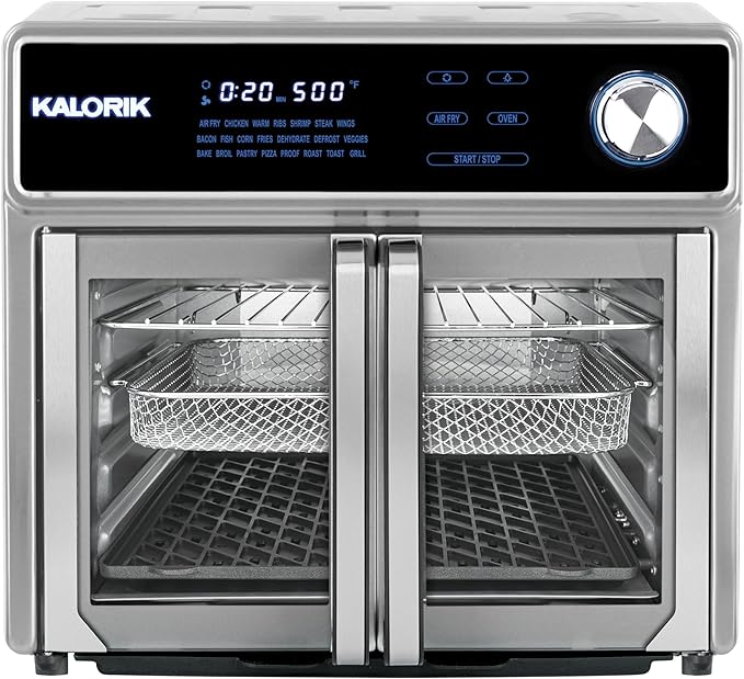 Kalorik Air Fryer Oven Grill MAXX Series 26-Quart with Smokeless Sear Technology Digital Controls Easy-View Door and 22 Smart Cooking Presets, Includes Cooking Accessories, 1700-Watts, Stainless Steel