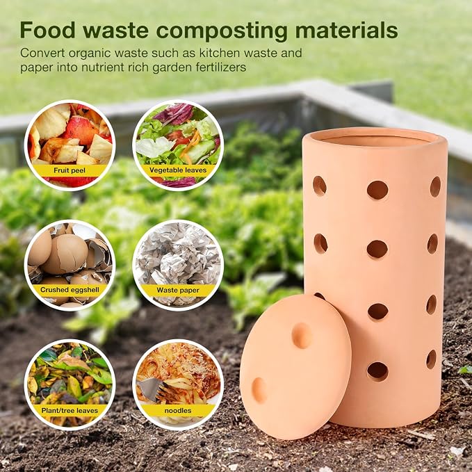 2pcs Underground Compost Bin 10 * 4.13 * 4.13Inch Garden Worm Farm Outdoor for Organic Refuse Red Pottery Ceramics with Holes and Lid Clay for Garden