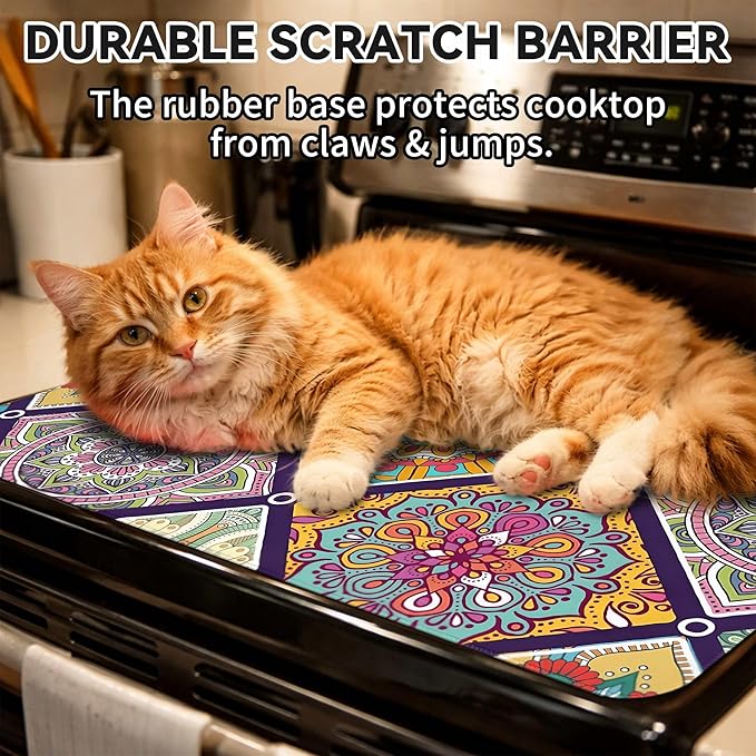 Decorative Stove Top Covers for Electric Stove 28"x20" – Heat Resistant Glass Cooktop Protector Dish Drying Mat – Non-Slip Rubber Backing Washer Top Cover Waterproof Extra Counter Space (Boho)