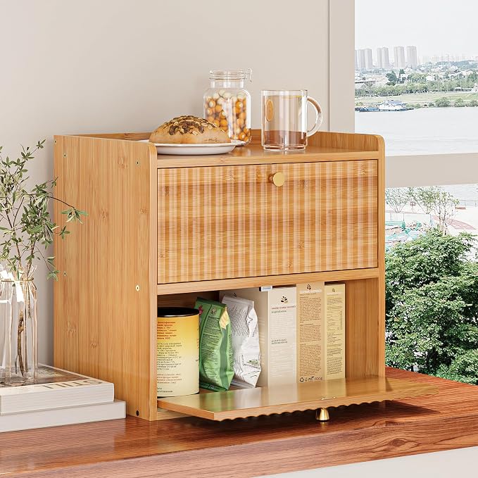 Trironsun Rustic Bread Box for Kitchen Countertop Bamboo Bread Storage Container Bin Double Layer BreadBox Farmhouse Large Capacity Food Organizer (Natural Bamboo)