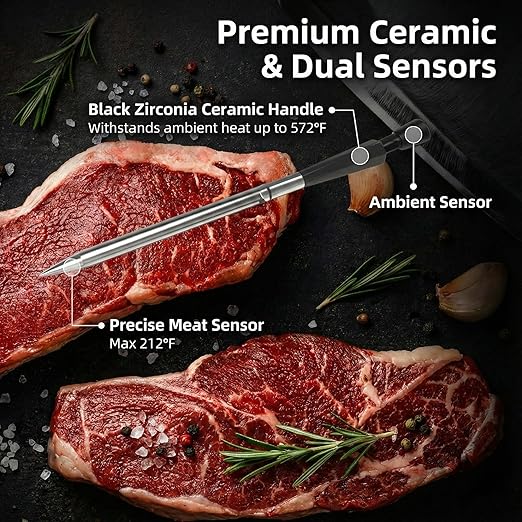Smart Wireless Meat Thermometer with Display Dock, 820ft Long Range Bluetooth 5.3 Meat Probe for BBQ & Smoker, IP67 Waterproof Dual Sensor Digital Food Thermometer with Ceramic Handle for Oven Grill