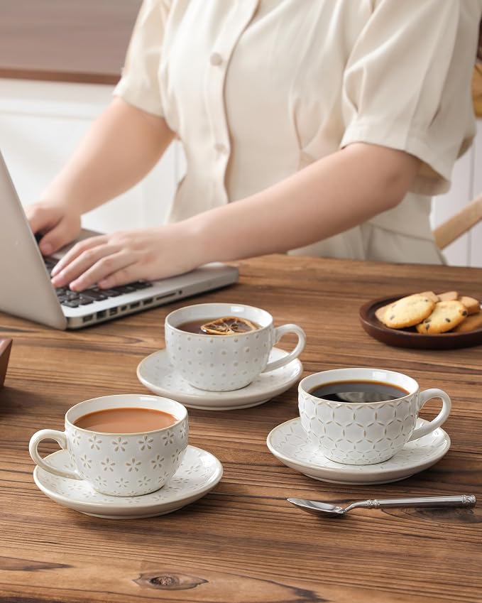 MALACASA 6 OZ Cappuccino Cups with Saucers Set of 4 - Ceramic Stackable Tea Cups and Saucers, Embossment Coffee Mugs for Tea, Latte and Mocha, Dishwasher Safe, Arctic white, LYDIA Series