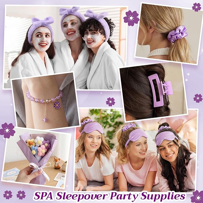 Vesici 73 Pcs Spa Sleepover Party Supplies Bulk Women 8 Sets Slumber Birthday Bridesmaid Gift Crochet Flower Glass Cup Eye Mask Hair Ties Gift Bag Bracelets Scrunchies Headband(Cherry Blossoms,Purple)