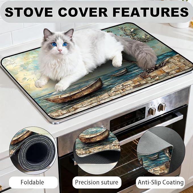 Stove Top Cover for Electric Stove, Vintage Farmhouse Style Glass Cooktop Protector, Multi-functional Kitchen Counter & Washer Top Cover