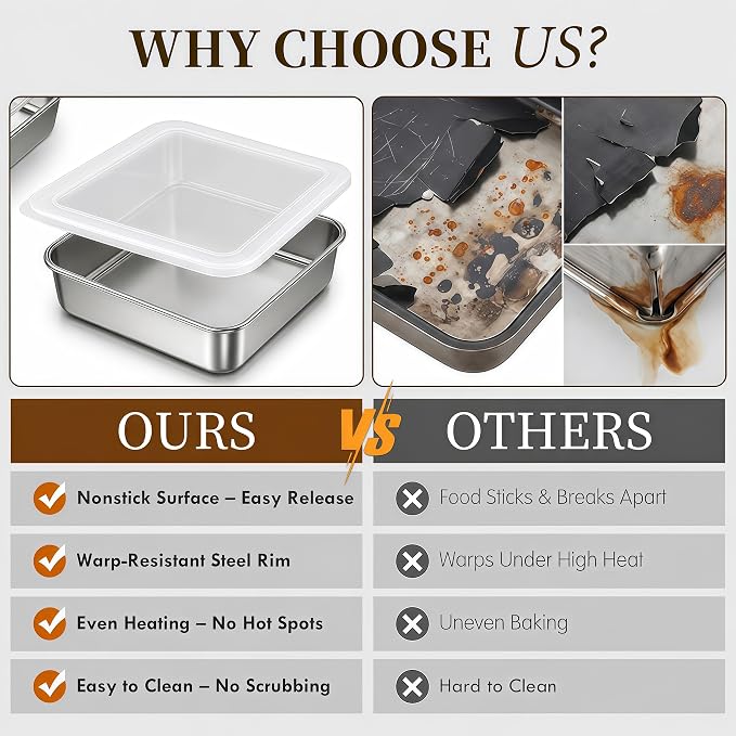 8x8 Stainless Steel Baking Pan with Lid, Square Brownie Cake Pan Set of 3 for Baking, Casserole and Meal Prep, 2 Inch Deep Metal Oven Pan, Dishwasher Safe