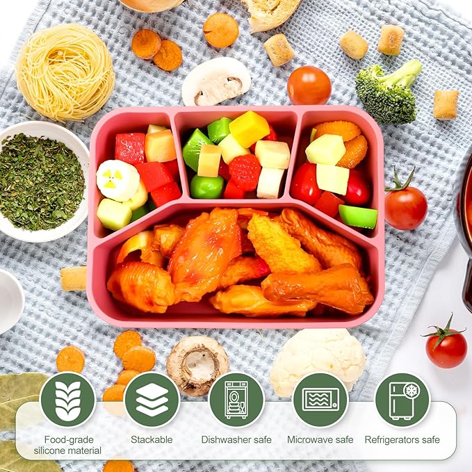 Honeydak 6 Pcs Silicone Bento Box Reusable Lunch Container 4 Compartment Snack Boxes with Lid Smooth LeakProof Rectangle Food Boxes for Adult Work Travel Food Storage (Cute Color)