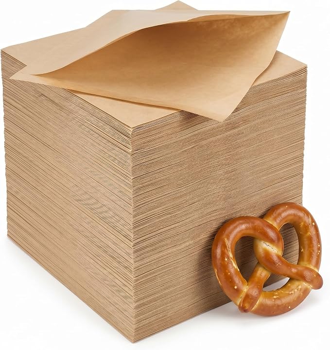 Colarr 500 Pcs Soft Pretzel Bags 6.69 x 7.09 Inch Pretzels Individual Bags Grease Resistant Double Open Paper Sandwich Wrapper Holder for Concession Stands Food Snack Cookie, Brown