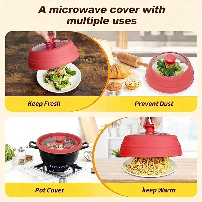 Microwave Splatter Cover - 9.8" Glass Lid with Collapsible Silicone Rim, Universal Pot & Plate Cover for Mess-Free Heating (Red, 9.8inch)