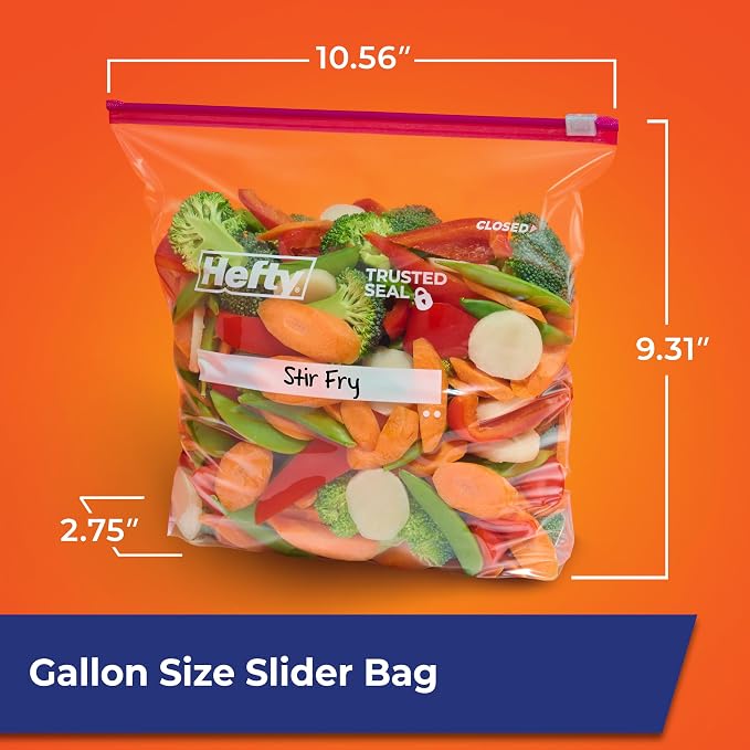 Hefty Slider Gallon Storage Bags, 66 Count, Gallon Size Slider Storage Bags for Storing Food, Bulk Snacks, Travel Toiletries, First Aid Kits, and More, Writable Label, Secure Zip and Click Closure