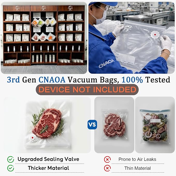 3rd-Gen (9" x 10") 20 PCS Upgraded Reusable High-Seal Bags (Vacuum Sealer Machine Not Included), Compatible with CNAOA Vacuum Sealers