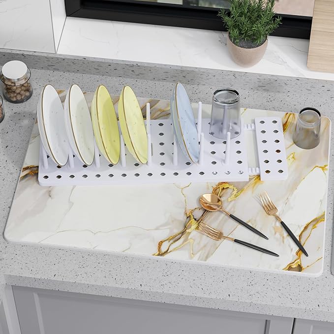 Large Stone Drying Mat for Kitchen Counter, 24" × 16" Diatomite Dish Drying Mat, Ultra Absorbent Diatomaceous Earth Dry Stone Mats with Dish Rack for Dished, Bottles, White Marble