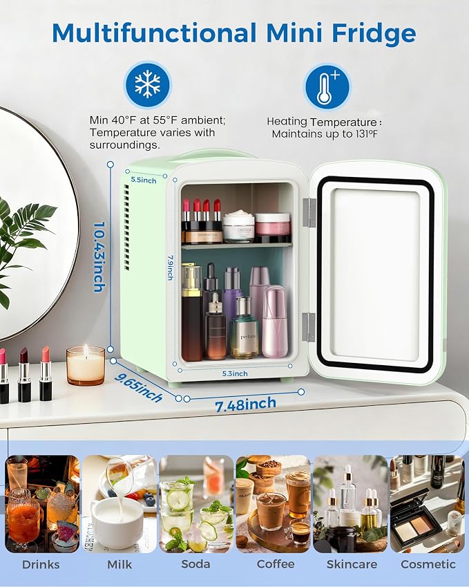 Electactic Mini Fridge for Skincare, 4L/6 Cans Small Cosmetic Fridge for Makeup & Beverage, Portable Desk Fridge Cooler and Warmer for Kids, Bedroom, Countertop, Green