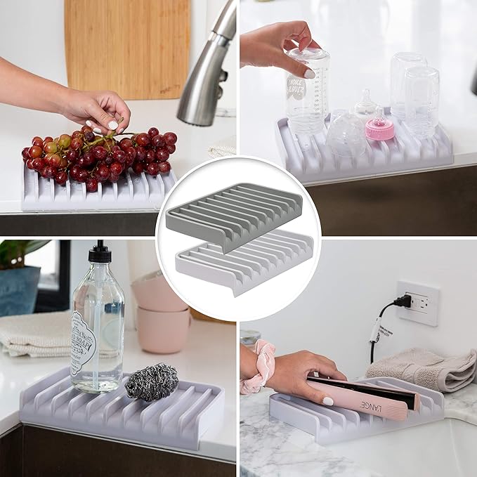 Effilogic Silicone Sponge Holder – Self-Draining Sink Organizer- Faucet Mat for Kitchen - Countertop Protector - Large Black