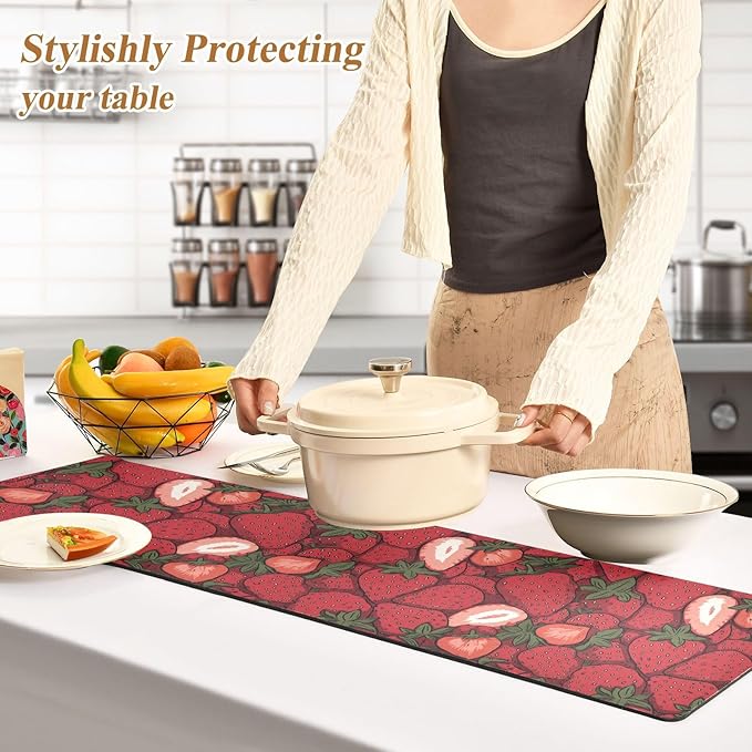 2 in 1 Table Runner Trivet for Hot Pots and Pans Heat Resistant Non Slip Waterproof 39 x 12 Inch Decorative Table Protector for Kitchen Countertop Cartoon Red Strawberry