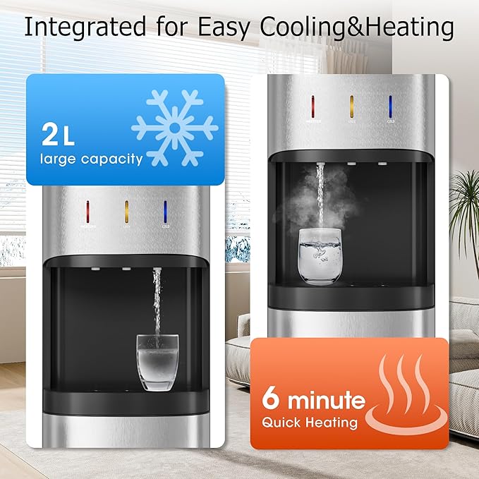 Tehanld Bottom Loading Water Cooler Dispenser for 3 or 5 Gallon Bottles, Stainless Steel Water Dispenser with Hot, Room & Cold Water, Child Safety Lock, Metallic Silver