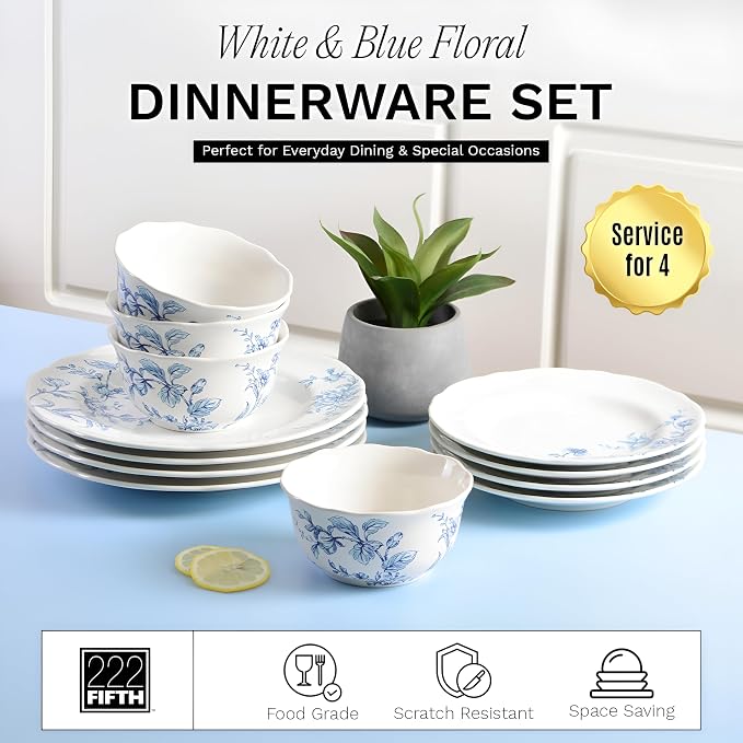 222 Fifth 12-Piece Porcelain Dinnerware Set for 4, White & Blue Plates and Bowls Set, Glossy Ceramic Dish Set with Beautiful Floral Design, Elegant Kitchen Dishes, Microwave & Dishwasher Safe, Bellamy