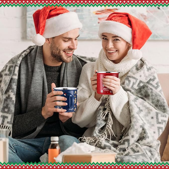 Sliner 16 Pcs Christmas Enamel Mugs, 12 oz Coffee Mugs Bulk Hot Chocolate Mug Set Cute Enamel Tea Cups Winter Holiday Christmas Employee Gift for Family Coworkers (Classic Style)