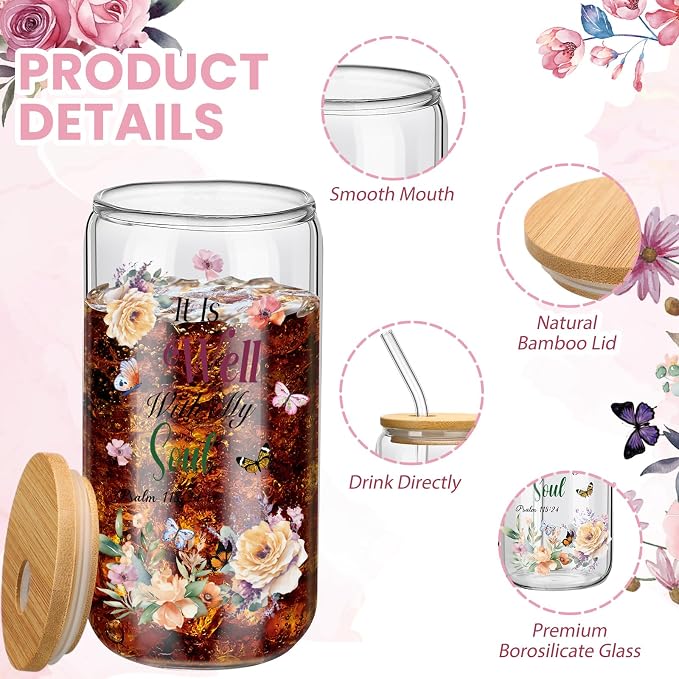 Teenyyou 12 Set of Christian Gifts for Women Bible Verse Glasses Tumbler with Bamboo Lid and Glass Straw 16oz Inspirational Religious Coffee Cup for Back to School Teacher Appreciation Gifts