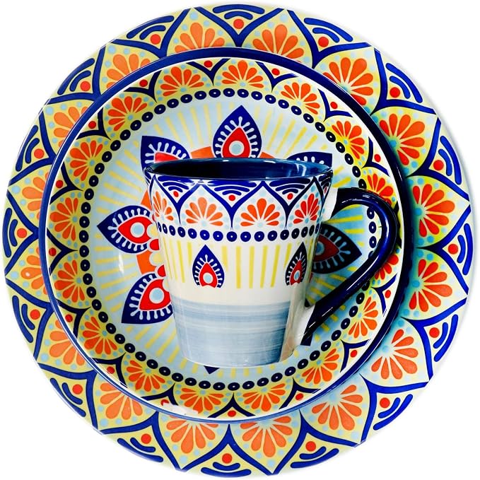 Elama Zen Blue Mozaik Multicolored Round Stoneware Mandala Pattern Dinnerware Set, 16 Piece