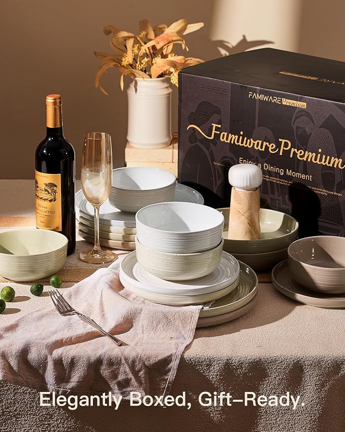 24-Piece Stoneware Dinnerware Sets for 8 - Farmhouse Coupe Plates and Bowls with Speckles & Spirals - Chip & Scratch Resistant, Microwave & Dishwasher Safe - Gift Box, Multicolor
