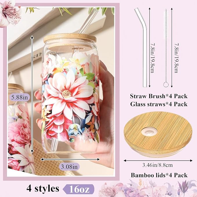 Mumufy 4 Pack Wildflower Glass Cups Gift Aesthetic Cute Glass Cup Tumbler Flower Iced Coffee Mugs 16 oz with Bamboo Lid & Straw, for Wedding Birthday Bridesmaid Mom Baby Shower