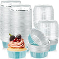 Tessco for you 100 Pcs Disposable Ramekins with Lids 8 oz Creme Brulee Ramekin Aluminum Foil Cup Cupcake Liner Baking Valentines Disposable Muffin Tin Pan Cheesecake Container (Blue,Silver)