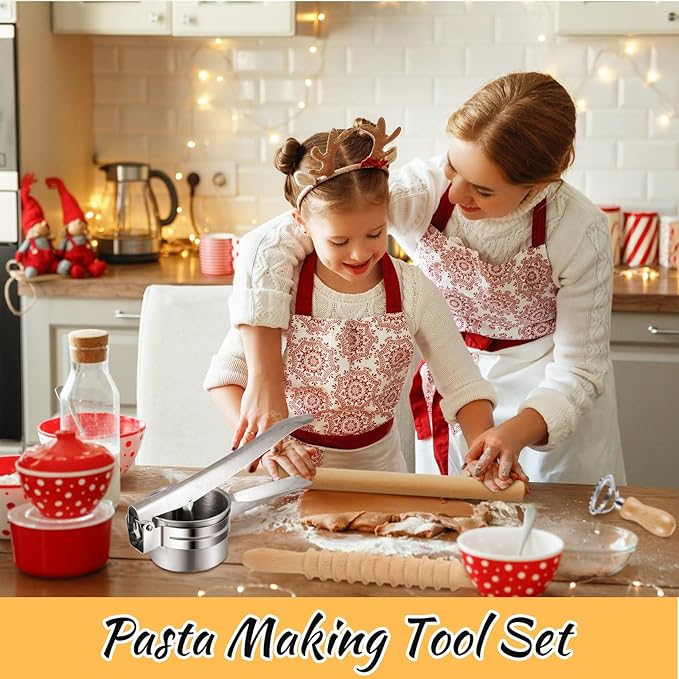 Tioncy 9 Pcs Pasta Making Tools Set Include Wooden Gnocchi Board Potato Ricer Wooden Gnocchi Cutter Ravioli Rolling Pin Pasta Roller Dough Scraper 3 Ravioli Stamp for Kitchen Handmade Gift