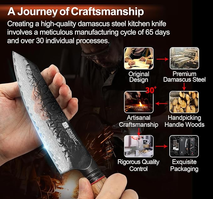 XINZUO 5.7 Inch Damascus Small Santoku Knife,67-Layer Damascus Steel Razor Sharp Blade,Multi-Purpose Kitchen Knife For Meat,Vegetables & All Tasks With White Oak + Red G10 Gasket Handle