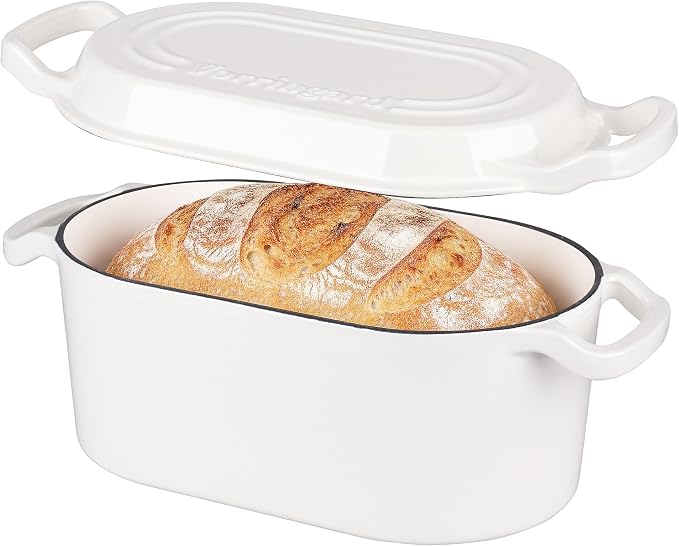 VORRINGARD Oval Dutch Oven Pot with Lid, Enamel Coating Cast Iron Bread Pans for Homemade Sourdough Bread Baking, Cooking, 4 Quart, White