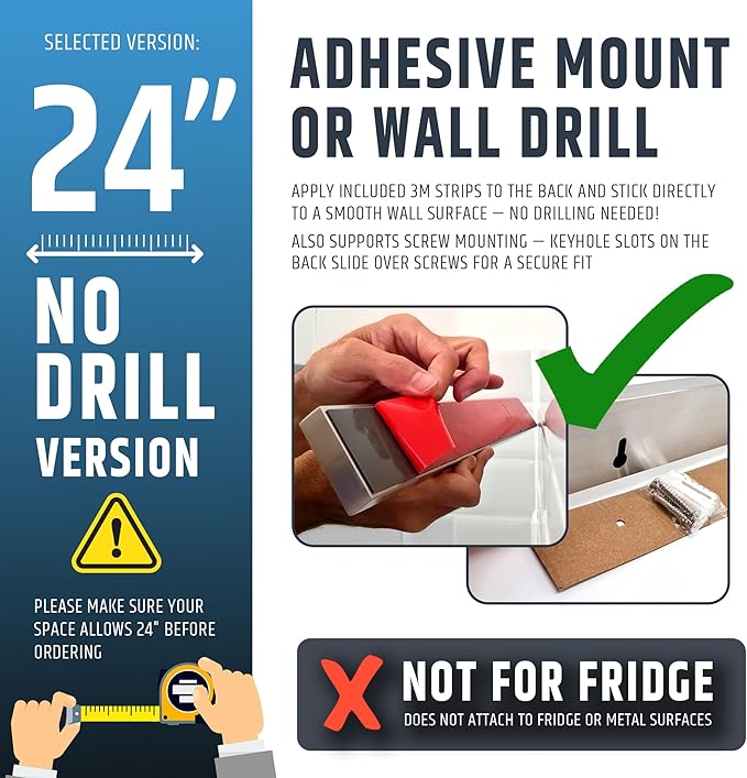 24" Strong Adhesive (No Drill) Magnetic Knife Holder for Wall - Professional Knife Strip - No Screws Needed - Adhesive Backing - Stainless Steel Knife Bar (Upgraded Version – Will Not Fall)