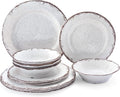LEHAHA Vintage White Melamine Dinnerware set-12 Piece Lightweight Unbreakable Outdoor Camper Plates/Dishes and Bowls Set, Service for 4, Dishwasher Safe…