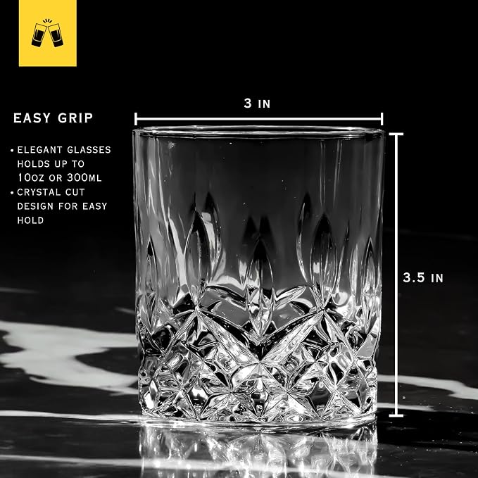 LEMONSODA Crystal Cut Old Fashioned Whiskey Glasses Set of 2, 4, 6-10oz Ultra-Clear Premium Lead-Free Rocks Glass Tumbler For Drinking Bourbon, Scotch, Cognac, Cocktails (Set of 4)
