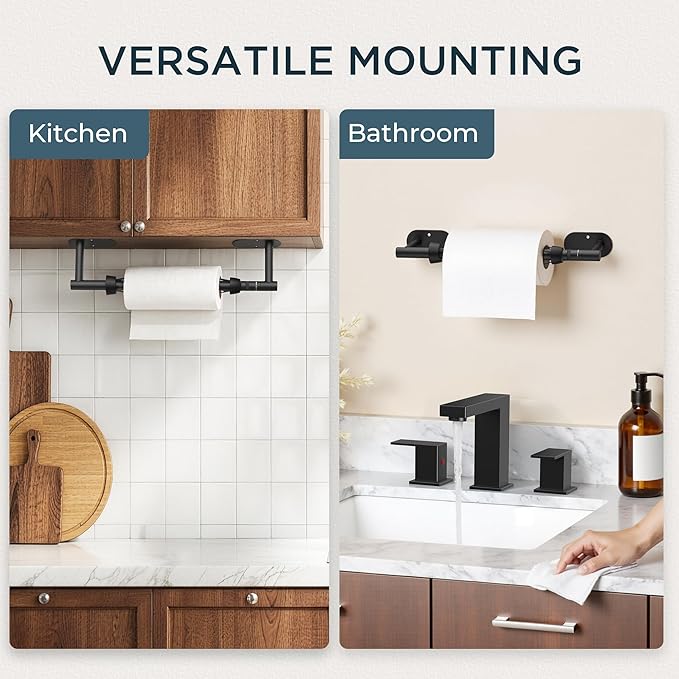 FORIOUS Paper Towel Holder Under Cabinet, One Hand Operable with Ratchet System for Easy Tear, Adhesive or Drill Wall Mount, SUS304 Commercial Paper Towel Holder for Kitchen Bathroom, Matte Black