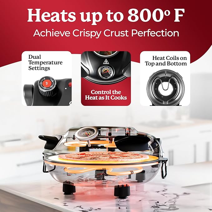 PIEZANO 12" Electric Pizza Oven Indoor Countertop Pizza Maker | Heats to 800˚F, Ceramic Stone for Crispy Crust Pizza, Cooks in Under 6 Minutes, Dual Heat Controls, Peels & Scraper Included