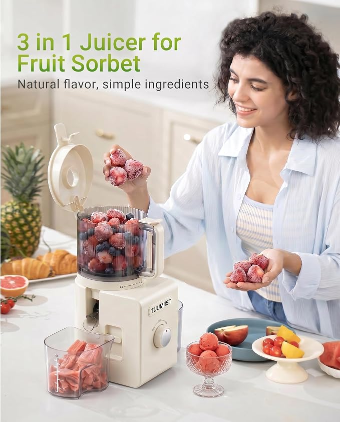 Cold Press Juicer Machine, 6.5" Large Feed Chute Masticating Extractor, Easy to Clean for Whole Fruits & Vegetables, High Yield, White
