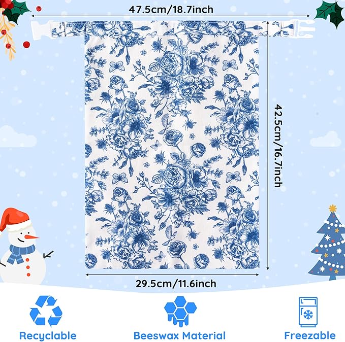 Reusable Beeswax Bread Bags - 2 Pack Bees Wax Homemade Sourdough Bread Storage Bags, Linen Cotton Large Beeswax Freezer for Home Kitchen Baking (Blue White Checkered, Flower)