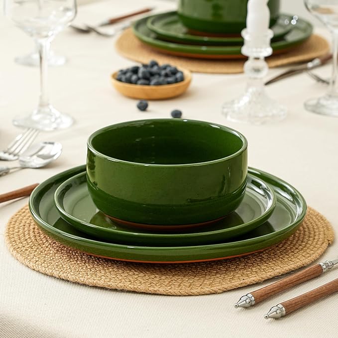 24 Piece Dinnerware Set, Dual Glaze Stoneware Plates and Bowls Sets, Modern Dinner Plate, Salad Plate, Cereal Bowl, Dish Set for 8, Microwave and Dishwasher Safe, Forest Glaze Green