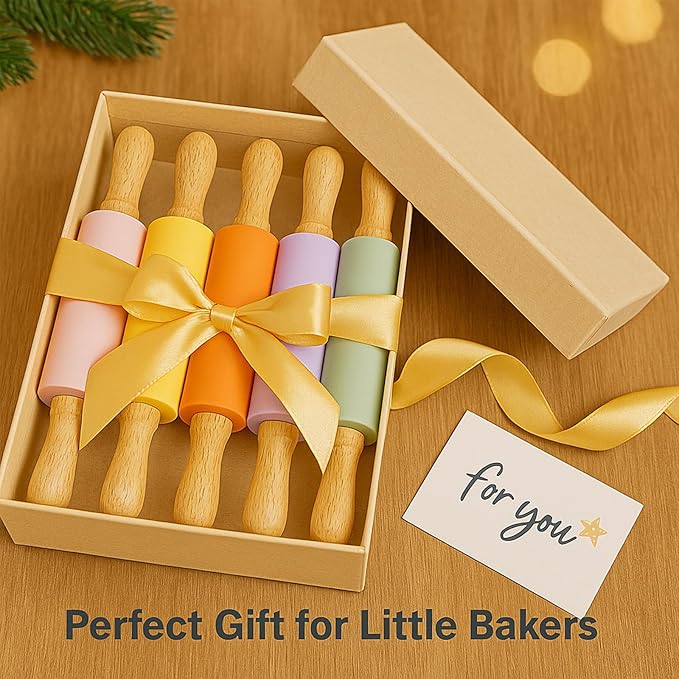10 Pack Kids Rolling Pins, 9 Inch Small Silicone Rolling Pin with Wooden Handle for Baking Dough Cookie Fondant Pastry, Colorful Rolling Pins for Kids and Adults