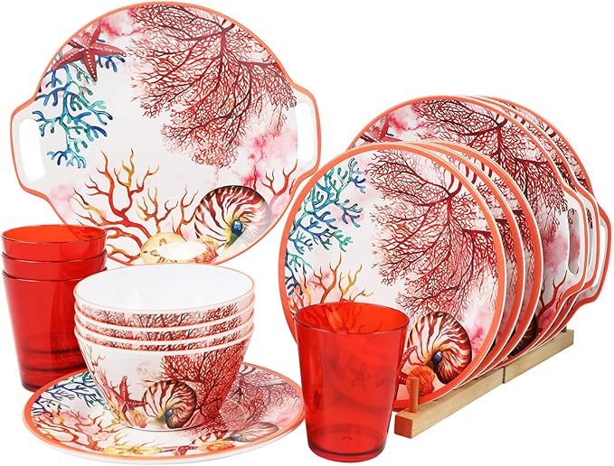 Melamine Dinnerware Set for 4-16 Pcs:Camping Dishes Set with Dinner Plates,Salad Plates,Cups and Bowls.Lightweight and Unbreakable.Indoor and Outdoor Use.