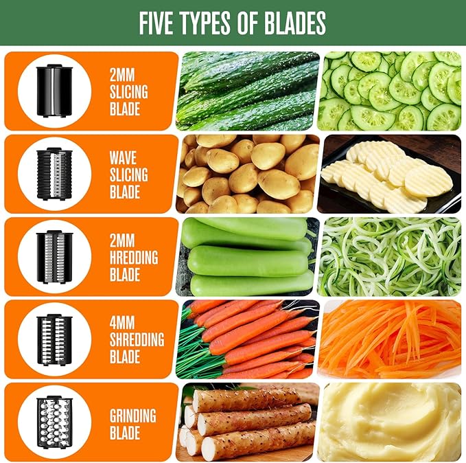 5-in-1 Electric Vegetables Slicer, 250W Cheese Grater Salad Shooter with 5 Different Blades, Kitchen Food Processor Cutter Chopper for Carrots, Potatoes, Nuts, Crackers, Salad Prep
