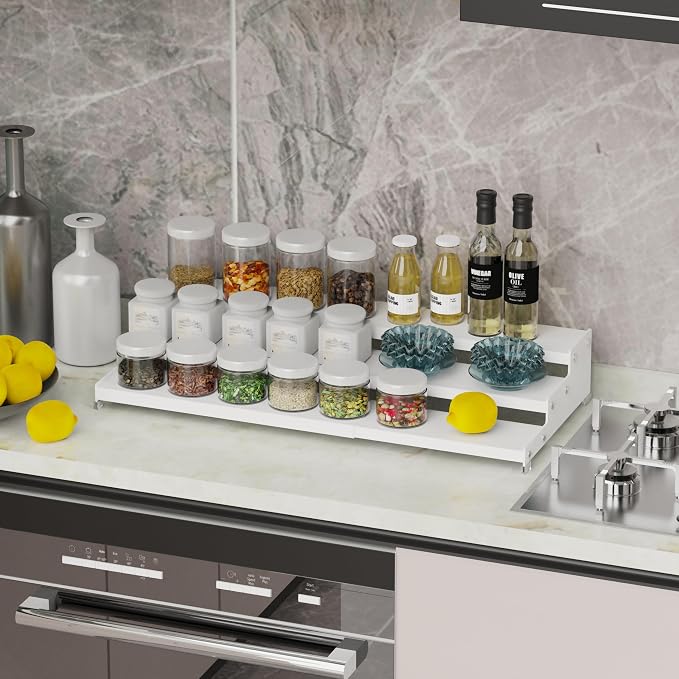 Expandable Spice Rack Storage organizer with 3-Tier step shelf cabinet,seasoning racks organizion.Great for Kitchen countertop shelves,Pantry and more(1Pack/White)