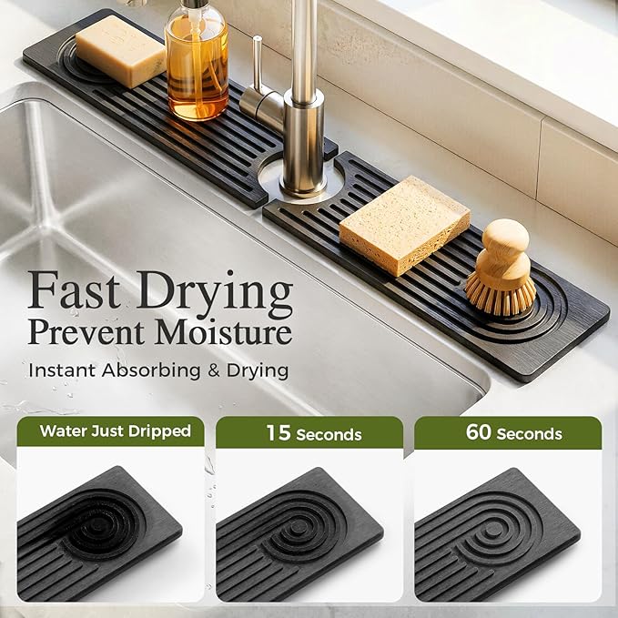 2 Pack Stone Faucet Mat for Kitchen Sink, Absorbing Drying Stone Mat Prevent Moisture, Sink Splash Guard Water,Natural Diatomite Stone Tray for Bathroom Counter 23.6*3.9inch (White+Grey)