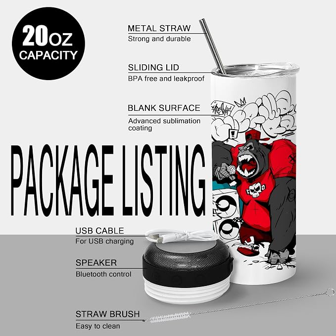 sweet grain Music Speaker Tumbler(4Pack) - Sublimation Tumbler 20 oz Skinny Straight with Speaker, Straw & USB Charging Cable, Sublimation Speaker Cups - Black