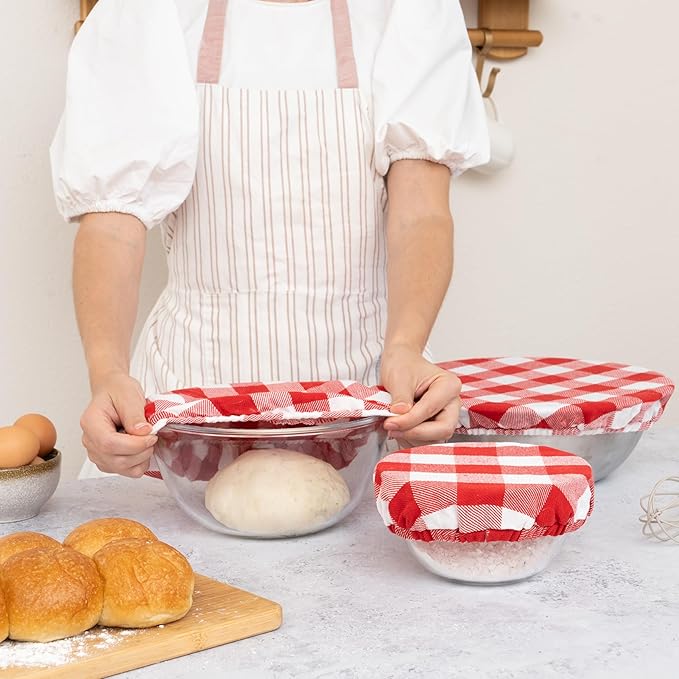 Reusable Cotton Red Bowl Covers - 100% Cotton Fabric Bowl Covers Set to Cover Fruits, Vegetables and Regulate Moisture - Elastic Closure for Salads, Bread & Leftovers (Red Plaid, 2XL, 2L, 2M, 2S)
