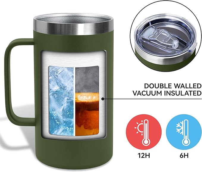 DOMICARE 24oz Mug with Handle and Lid, Stainless Steel Coffee Mug, Travel Mug with Handle, Double Wall Vacuum Coffee Tumbler, Reusable Insulated Cup, Army Green, Pack 4