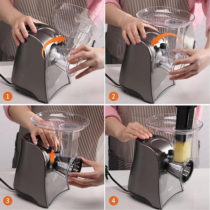 Electric Cheese Grater, One-Touch Control Grater Machine for Vegetables, Fruits, Potatoes, Salad Maker with 6 Free Attachments