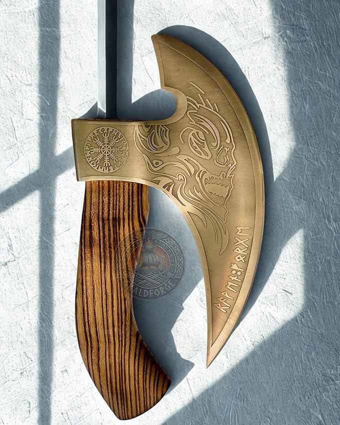 Pizza Cutter Axe with Leather Sheath - 10” Carbon Steel Axe Blade with Pure Wood Handle - Viking Style Pizza Cutter Skull Design - Ideal Christmas Gift for Him and Her