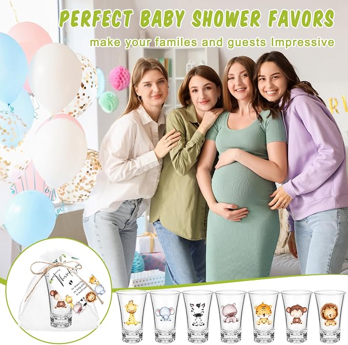 Pickmesh 25 Sets Safari Baby Shower Shot Glasses for Guests Include Animal Shot Glasses Thank You Cards Organza Bags for Jungle Woodland Gender Reveal Party Supplies